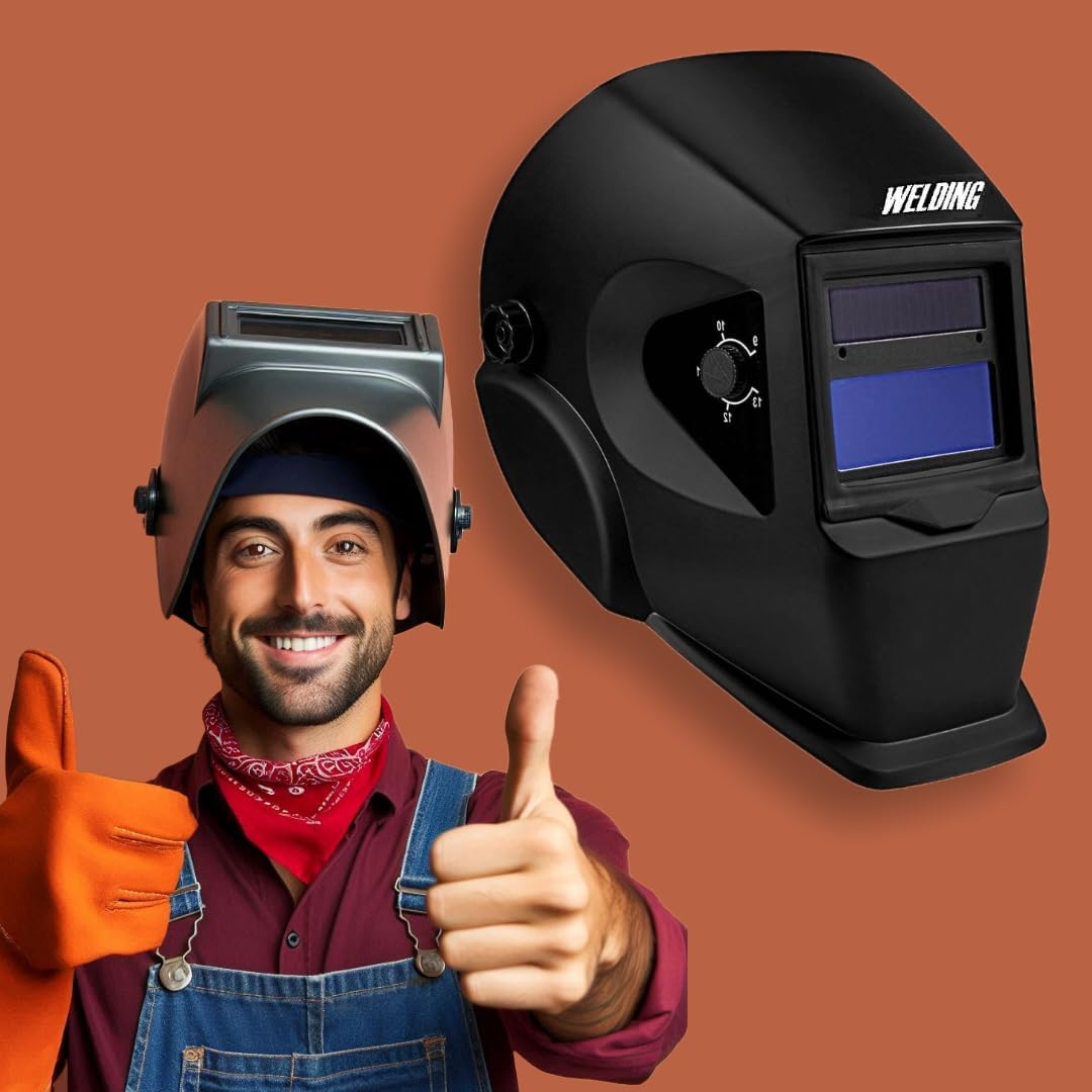 Welder wearing the Chicago Electric Auto-Darkening Welding Helmet, giving a thumbs up, with a separate helmet image beside him.