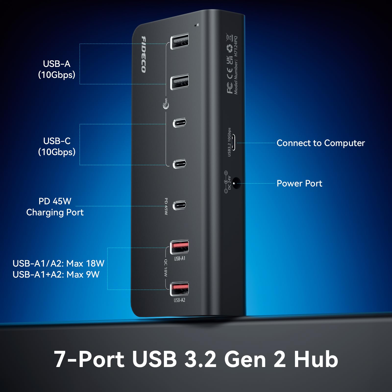 FIDECO Hub USB Alimentato a 7 Porte da 72W, Hub USB C con 1 PD 45W, 2 Porte di Ricarica QC 3.0 e 4 Porte USB 3.2 (2 USB-A + 2 USB-C), 10Gbps Hub in Alluminio per Laptop, PC, MacBook, iPhone 17/16/15