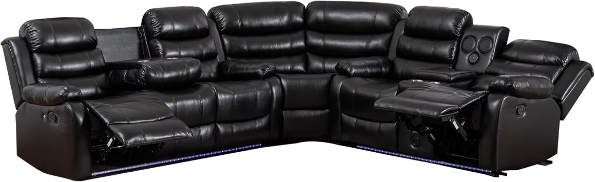 Hybition Faux Leather Living Room Set Modern Reclining Sectional Sofa with LED Light, USB Chargers, Sound System, 4Cup Holders, Hidden Storage, Black