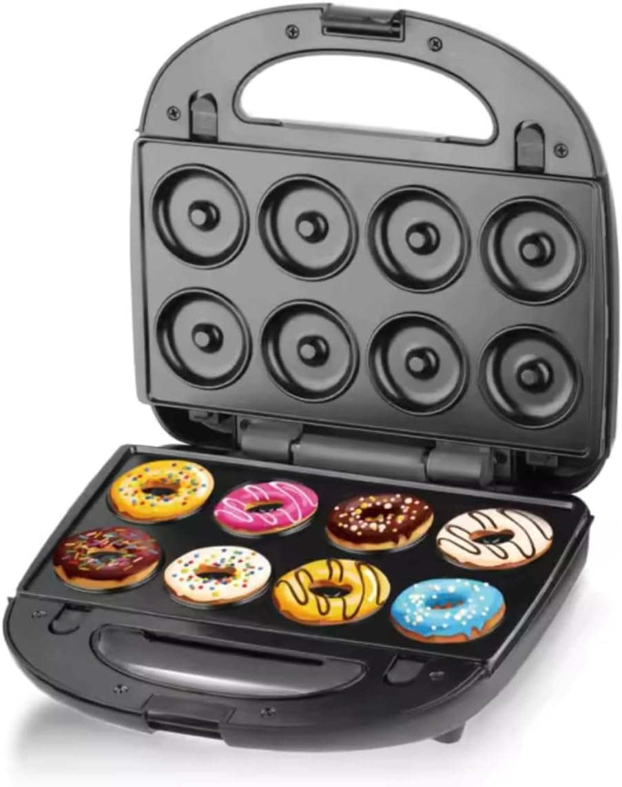 Electric donut maker with eight colorful, frosted donuts on the plates