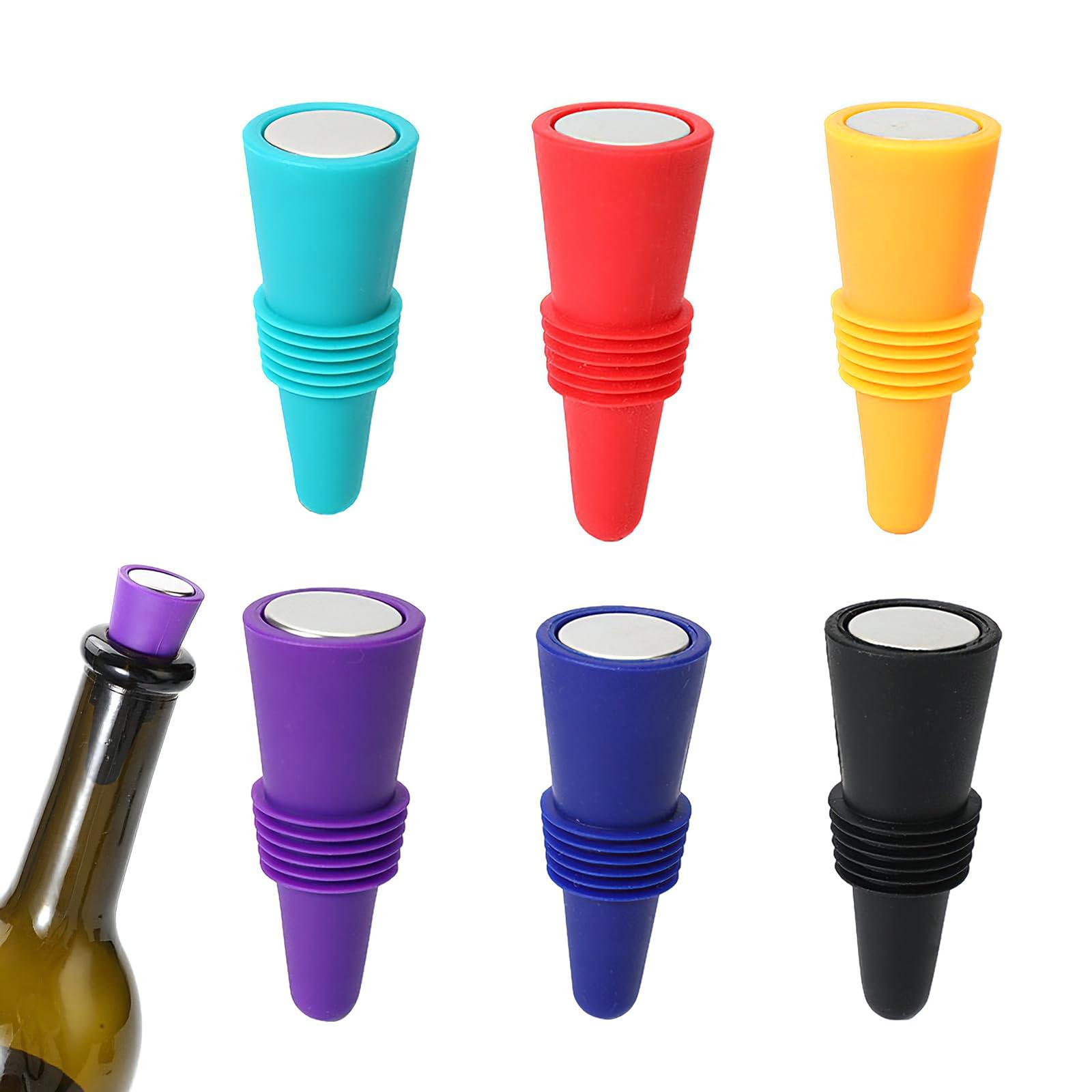 6 PCS Silicone Wine Bottle Stoppers, Reusable Wine Stopper with Screw for Bottles, Multicolored Corks for Fit a Variety of Glass/Keep The Wine Champagne Beer Fresh