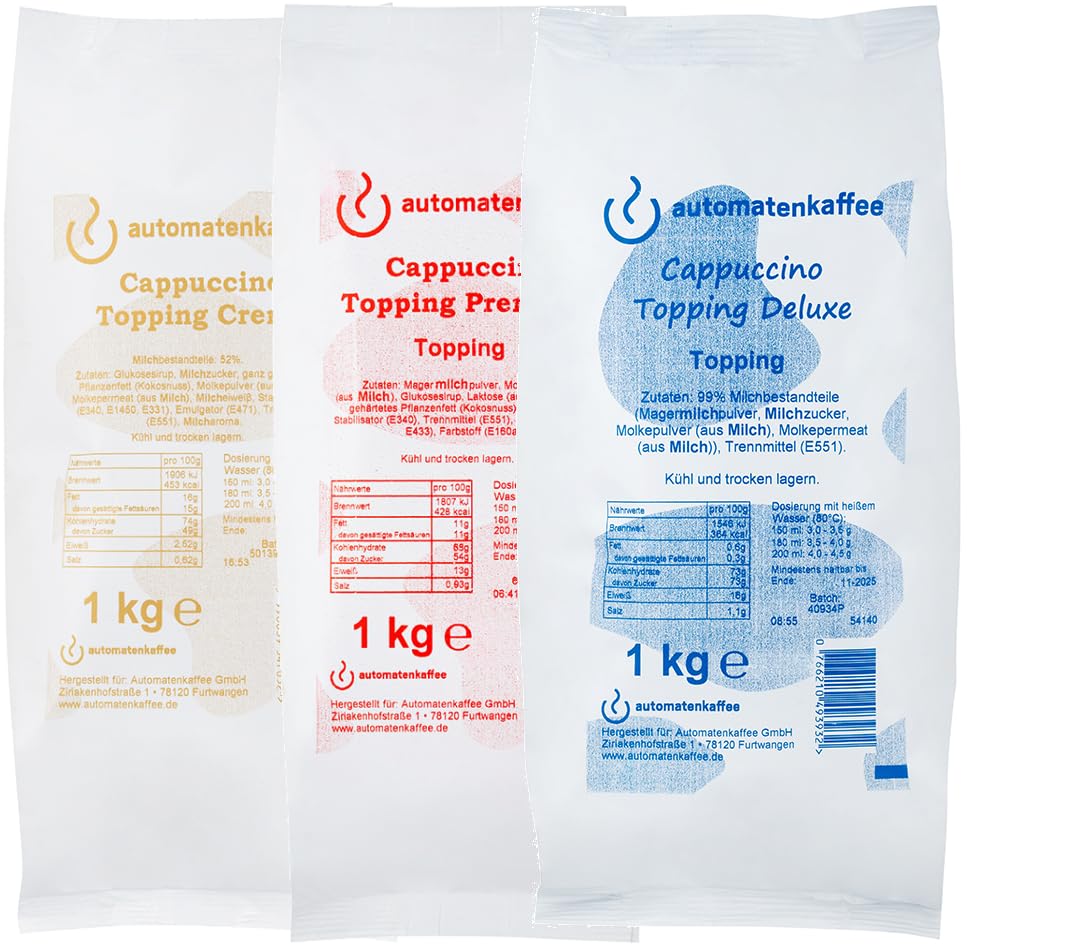 Automatenfähiges Milchpulver Topping Testpaket | Cappuccino Topping mit 52% Milchanteil | 70% Milchanteil | 99% Milchanteil | 3 x 1000g