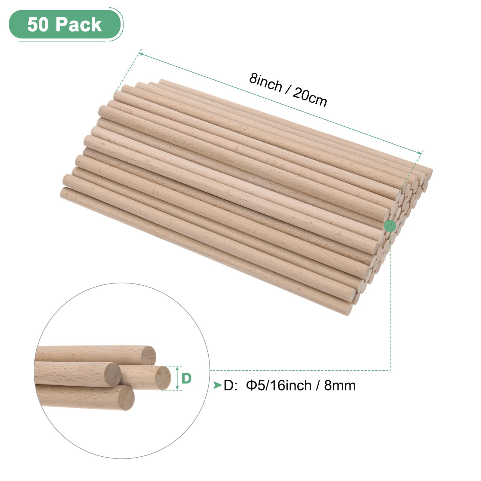 M METERXITY 50-Pack Dowel Rods Wood Sticks, 5/16 x 8 Inch Wooden Dowel Rods, Unfinished Hardwood Sticks - Image 3