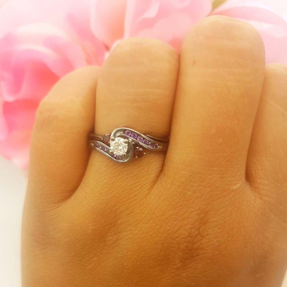 Dazzlingrock Collection Black Rhodium Plated Amethyst, Garnet & Diamond Engagement Ring Set, Sterling Silver