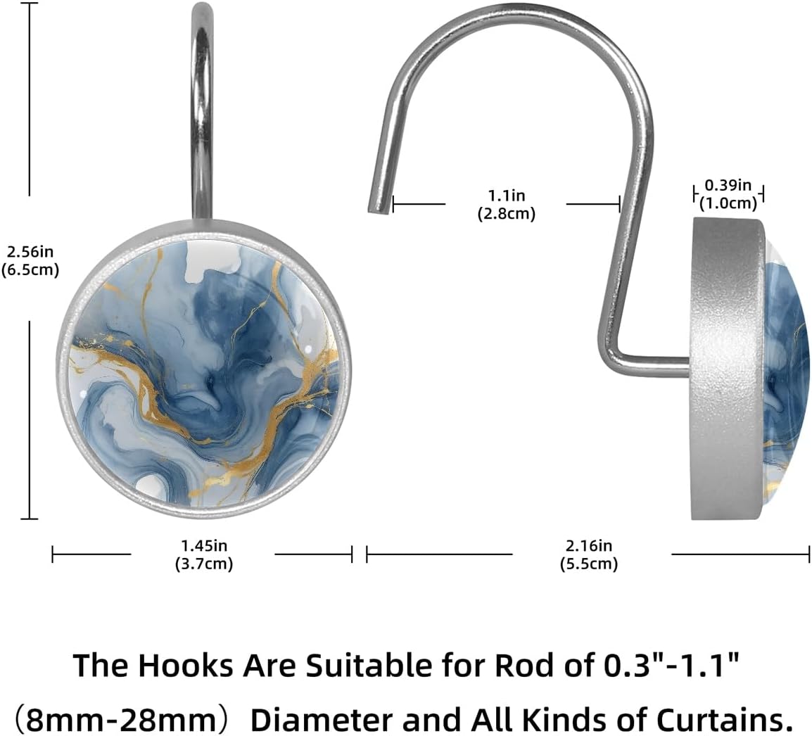 Blue Marble Texture Shower Curtain Hooks, Home Decorative Shower Curtain Rings for Bathroom, Rust Proof Metal Shower Curtain Hangers for Shower Curtain Rod, Set of 12
