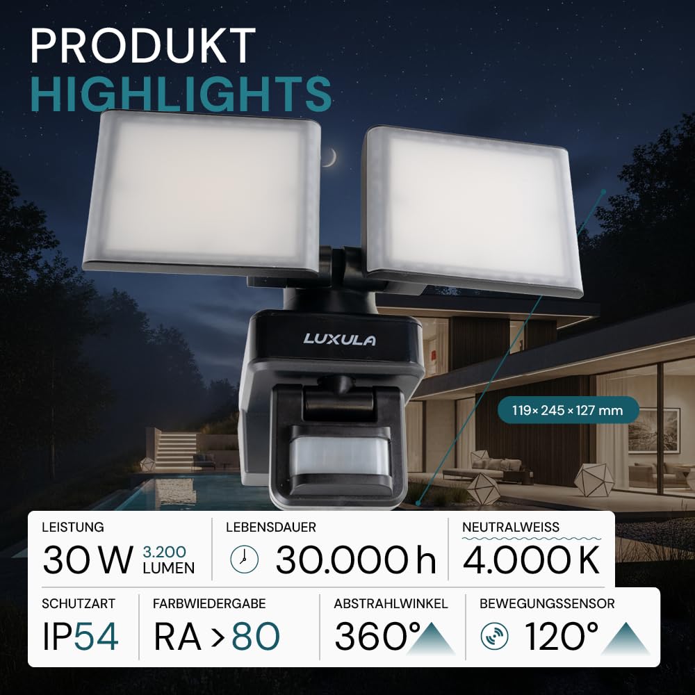 LUXULA LED Strahler mit Bewegungsmelder - 2x 15W, 3200lm - Außenstrahler drehbar, neigbar, Wand und Eckmontage - 4000K Neutralweiß - IP54 Außenleuchte Fluter Flutlichtstrahler Garten Auffahrt