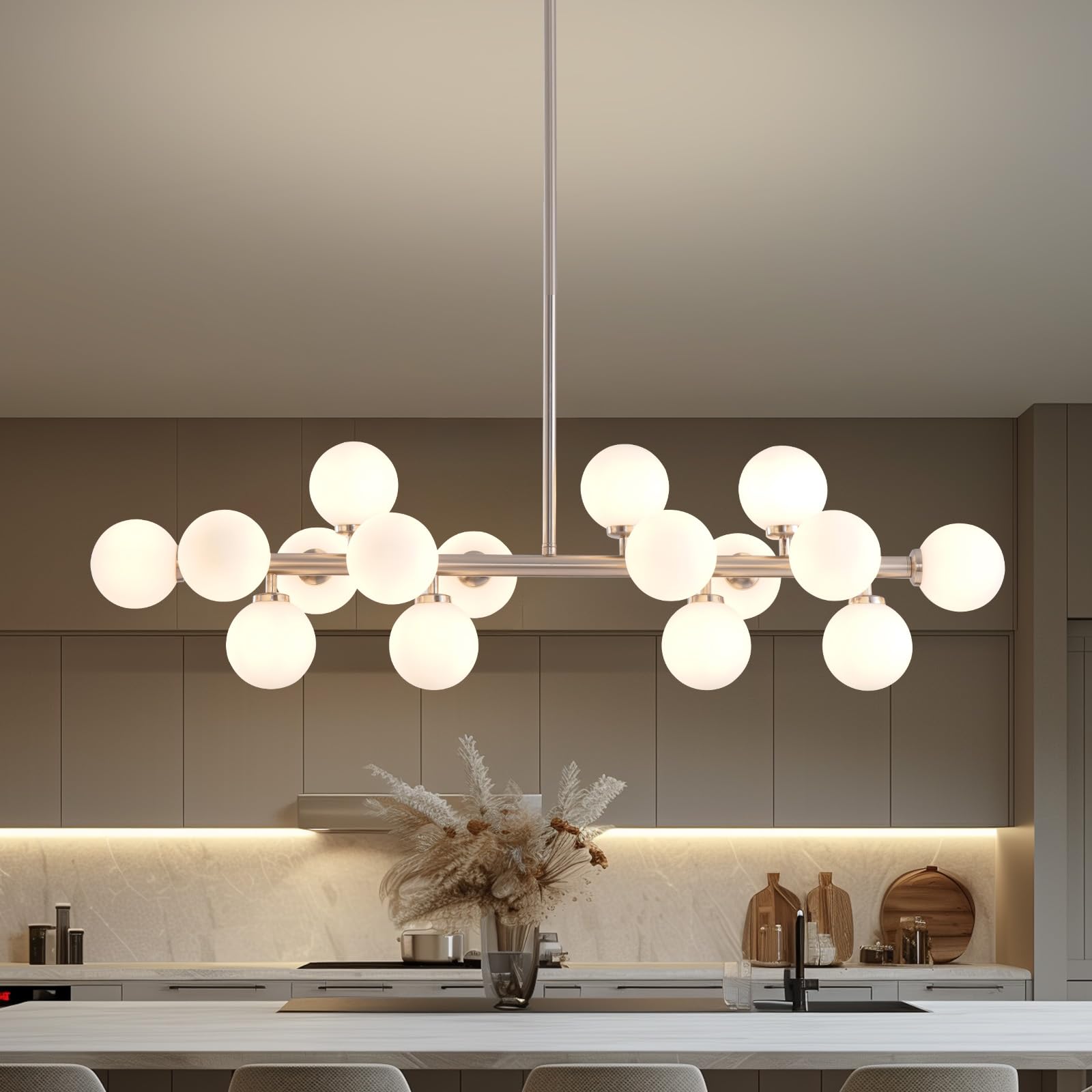 Glass Globe Sputnik Chandelier, 16-Light Mid Century Modern Light Fixture Over Table, Linear Chandeliers for Dining Room, Kitchen Island, Nickel and Milk White Bubble, 40 Inch, GC-02