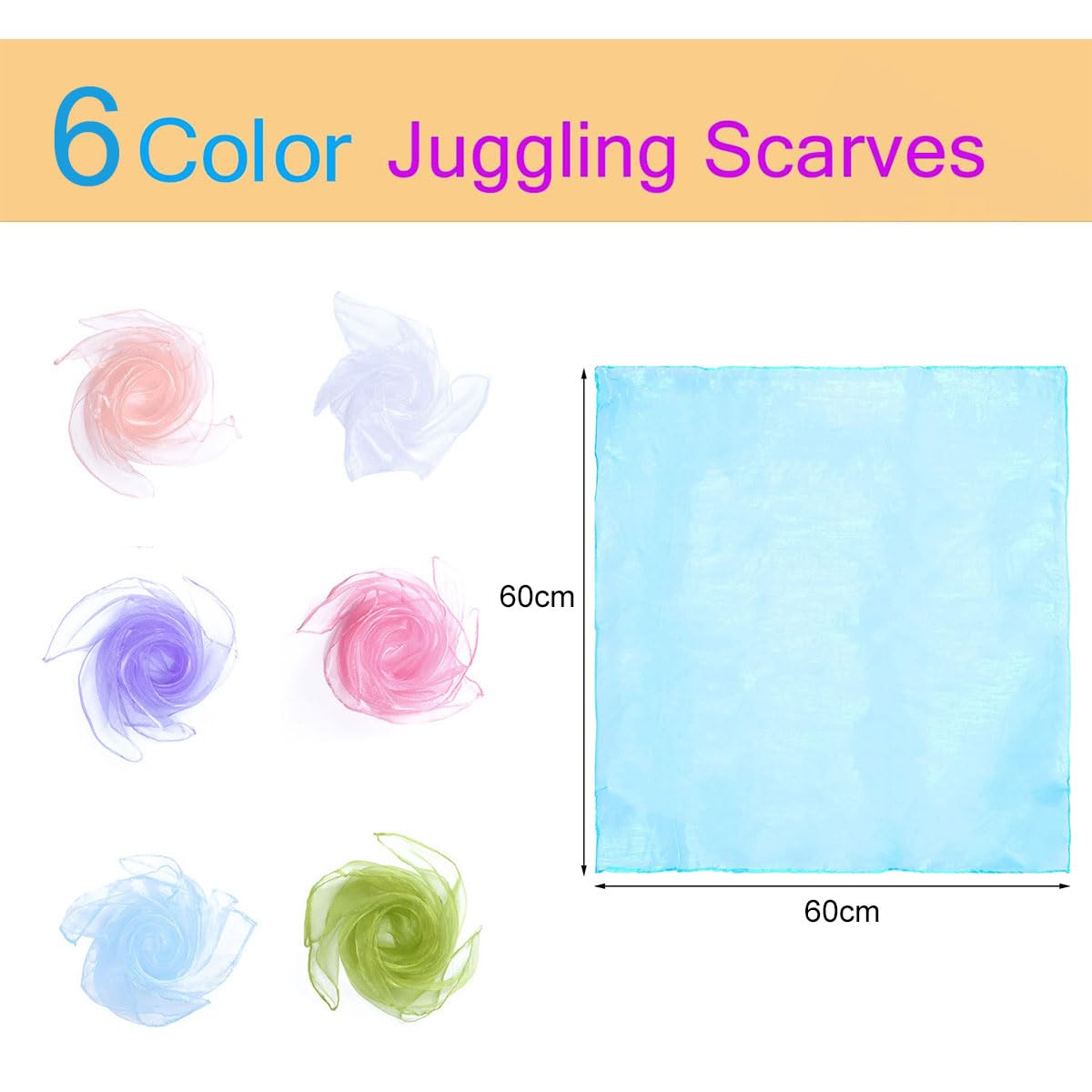 Pañuelos de Baile, Pañuelos de Malabares, Pañuelos Colores para Niños, Pañuelos de Gasa, Multicolor Pañuelos de Baile para Fiestas Infantiles y Juegos Malabares 60x60cm, 6 Pcs