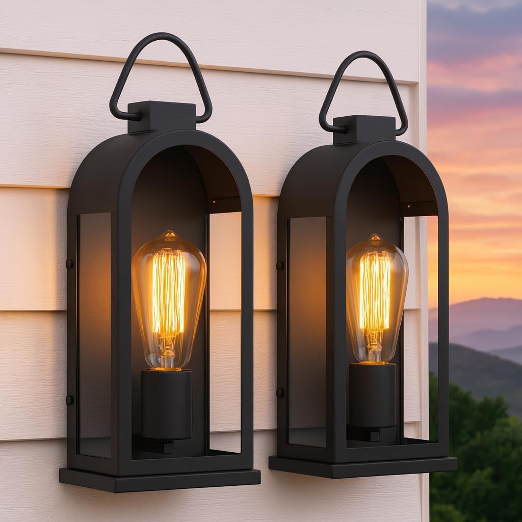 Classic Outside Wall Mild Fixtures (2 Pack) – Matte Black Porch Lantern/Exterior Wall Sconce, Glass Shade, Sturdy Metallic Body, Waterproof & Anti-Rust, for Entryway/Storage/Patio/Doorway, E26 Socket