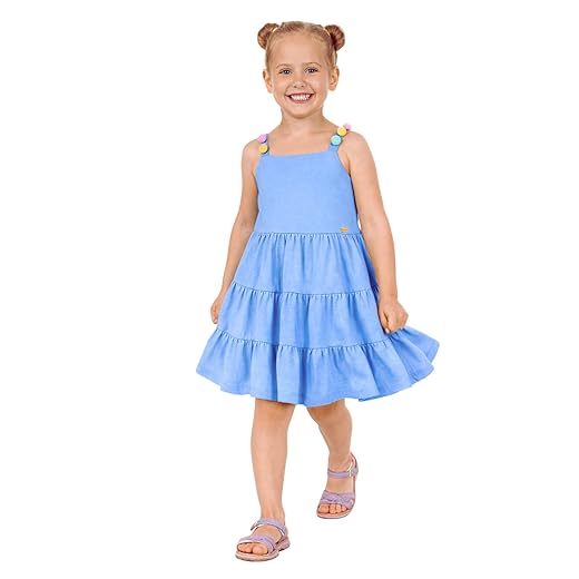 Vestido Feminino Infantil em Meia Malha Penteada - Detalhe de Pompons Nas Alças - Tamanhos de 01 a 10 Anos
