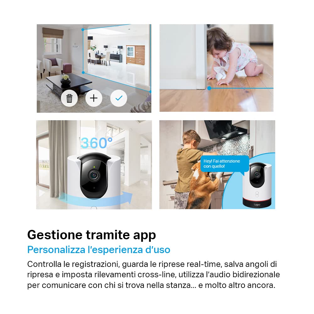 Tapo C225 Telecamera WiFi Interno di Sicurezza Domestica Pan/Tilt AI, 2K QHD, Sorveglianza, Visione Notturna, Rilevamento del Movimento, Sensore di Luce Stellare, Compatibile con Alexa