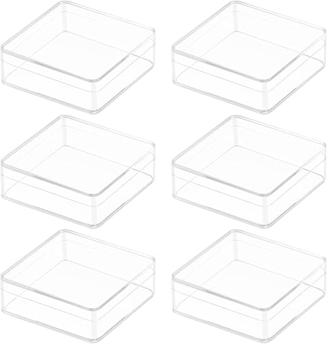 Pequeña caja de acrílico transparente, paquete de 6 recipientes cuadrados de plástico transparente de 2.4 x 2.4 x 0.79 pulgadas con tapa para