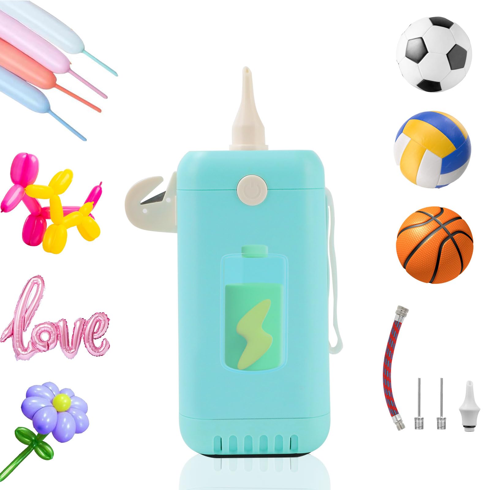 PlusFive Wireless Electric Pump 1800mAH Rechargeable Electric Air Pump for Foil&Long Balloons Battery Powered Electric Ball Pump(15PSI) for Sport Balls Portable Cordless Balloon Pump for IndoorOutdoor
