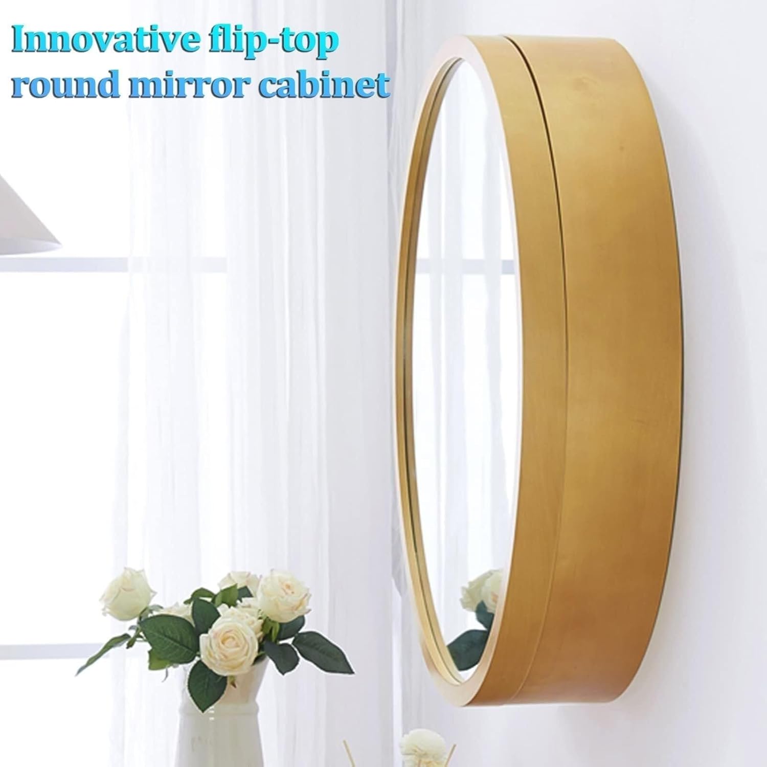 Round Bathroom Mirror Cabinet with Hidden Shelves, Wall-Mounted Storage, Beige/Gold, 60cm/50cm(Blue,50cm)