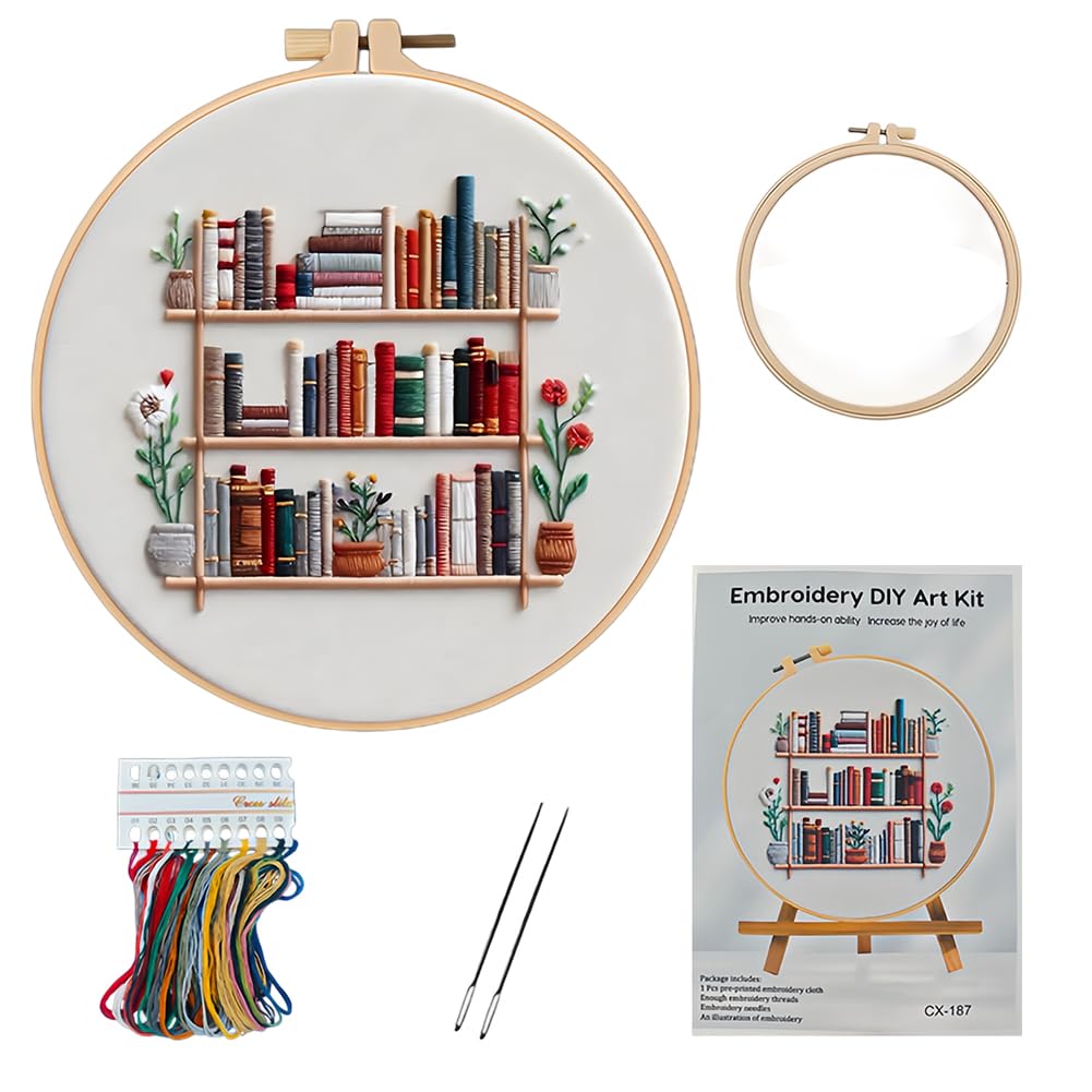 Vexthorion Women's Blue Punch Needle Kit For Adults Beginners,Complete Embroidery Starter Set With Elegant Bookshelf Design,Patterns Threads Needles And Hoop,Relaxing Craft For Anxiety Relief, Sewing Gift For