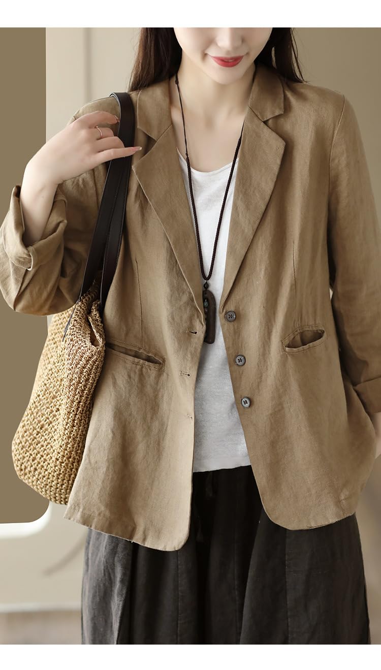Elegante Blazer Mujer - Blazers De Algodón Y Lino para Mujer Chaquetas De Manga Larga con Botones Y Bolsillo Ropa De Abrigo Informal Chaqueta Ligera con Solapa De Muesca para Mujer Trajes De Oficin