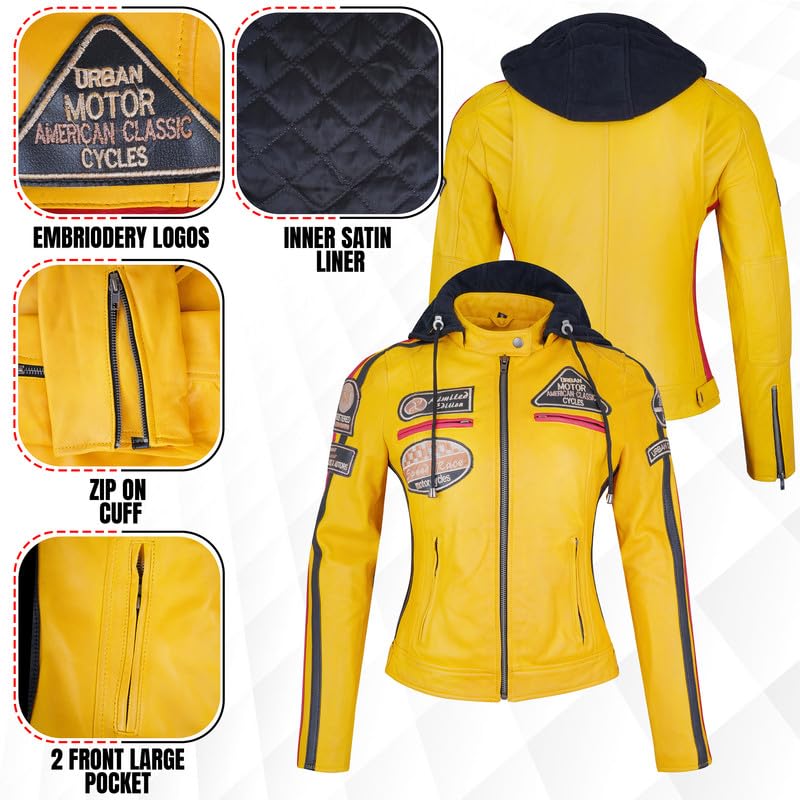 URBAN 5884 58-damska skórzana kurtka motocyklowa, całkowicie zdejmowane ochraniacze, Żółty, 3XL