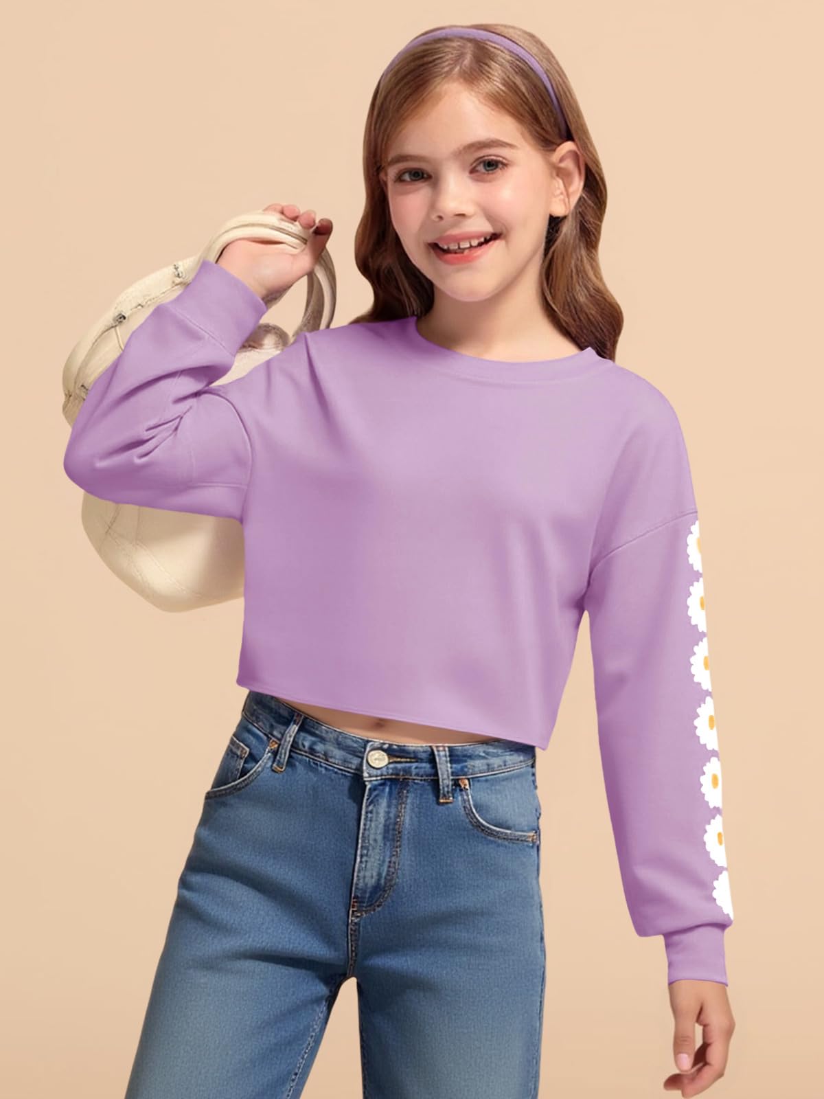 Imily Bela Sudadera corta con estampado de margaritas para niñas, linda sudadera de manga larga para niños
