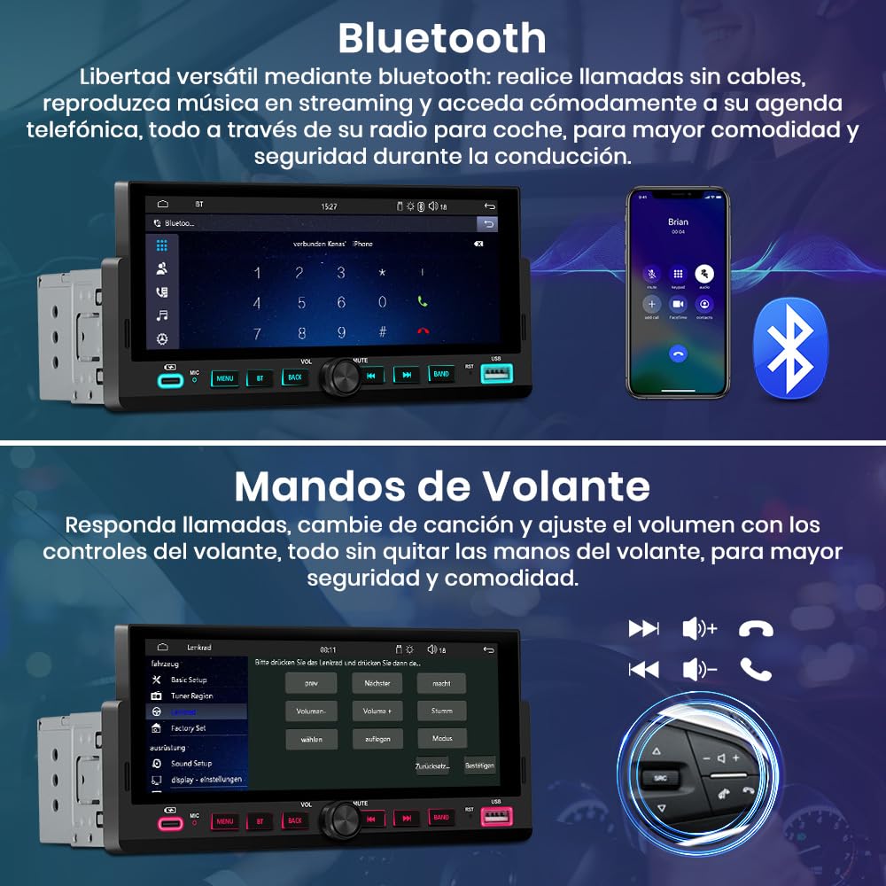 Junsun 6.86 Pulgadas 1 DIN Radio Coche Universal con Pantalla Táctil, con CarPlay/AndroidAuto/Admite Carga Type-C/USB/Micrófono/FM/EQ/GPS/Bluetooth 5.0/USB/SWC y Cámara Trasera con Cable 6M
