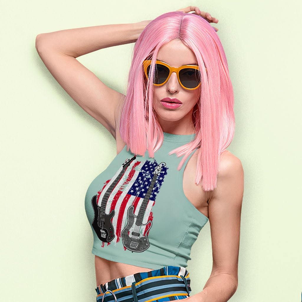 American Flag Guitar Racerback Cropped Tank - Items for Rock Lovers - Gift for Her - Athletic Heather, S