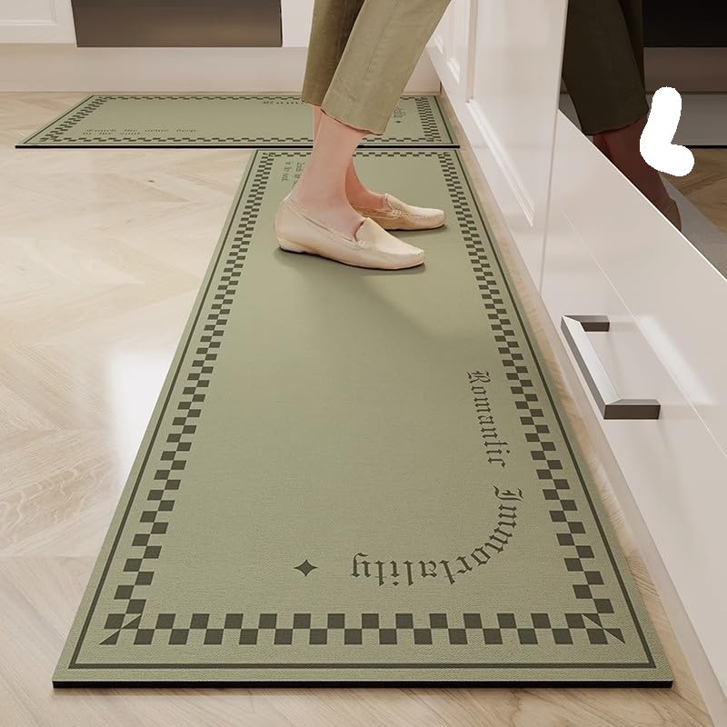 Alfombra de cocina impermeable y antimanchas con diseño de cuadros verdes retro