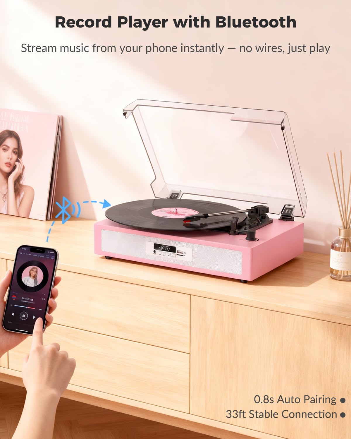 Vinyl Record Player with Built-in Dual Stereo Speakers, Vintage 3-Speed Turntable, Bluetooth Record Player with EQ Sound Modes, USB/TF Recording & Playback, LED Display, RCA & AUX Jack – Pink