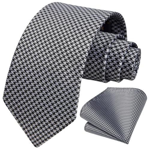 Image of HISDERN Ties for Men Solid Houndstooth Neckties Handkerchief Formal Business Tie & Pocket Square Set Wedding Party