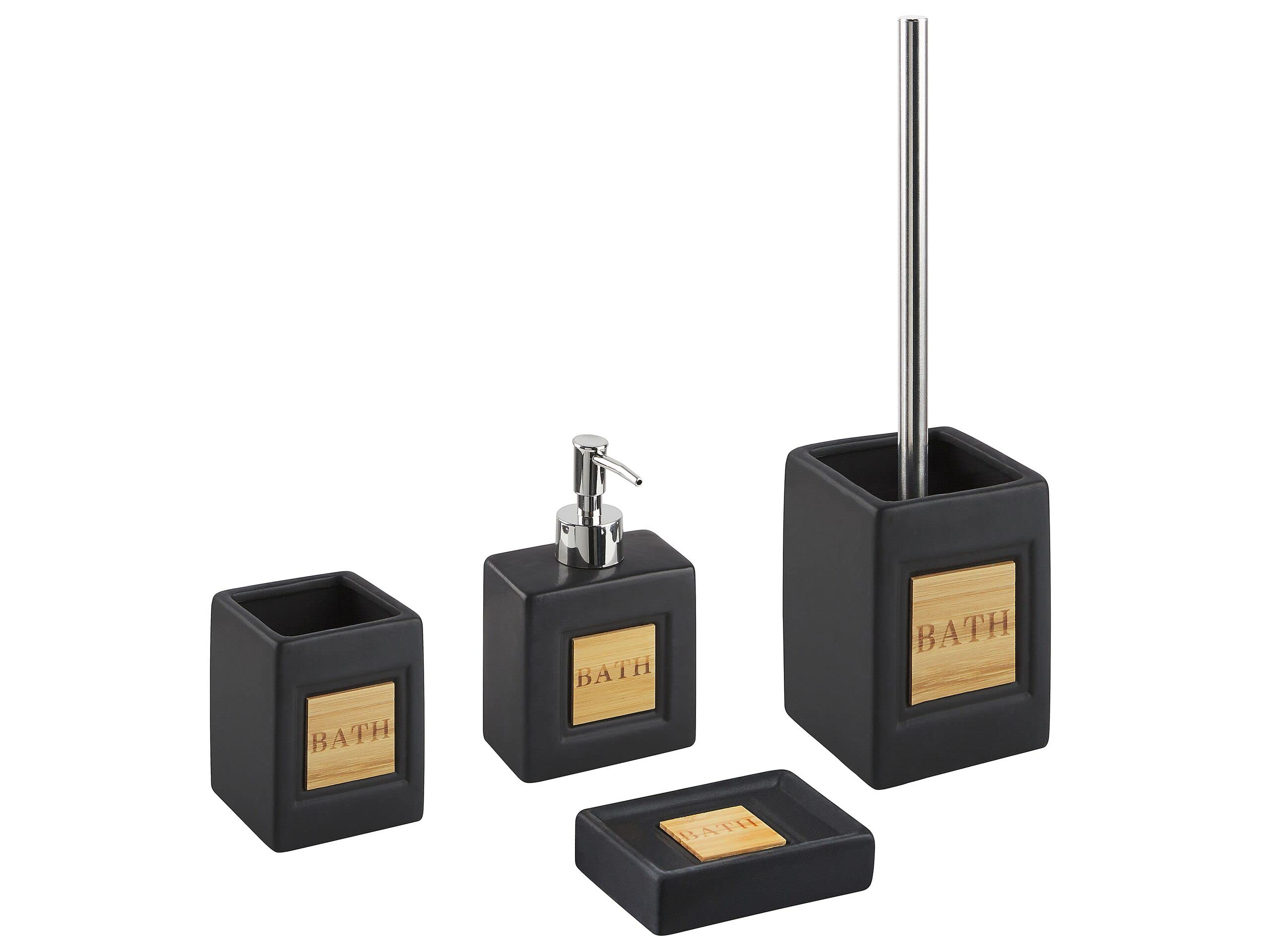 Set di 4 Accessori Bagno in Ceramica nero legno chiaro dispenser