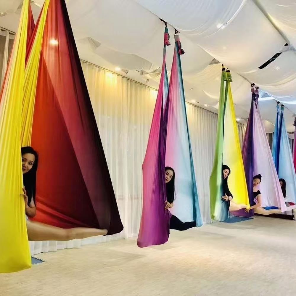 Hamaca aérea de yoga L: 5 m de ancho, 2,8 m, 5,5 yardas, juego de columpio de seda para pilates aéreos con 2000 libras de carga, incluye cadena de margaritas, guía de postura