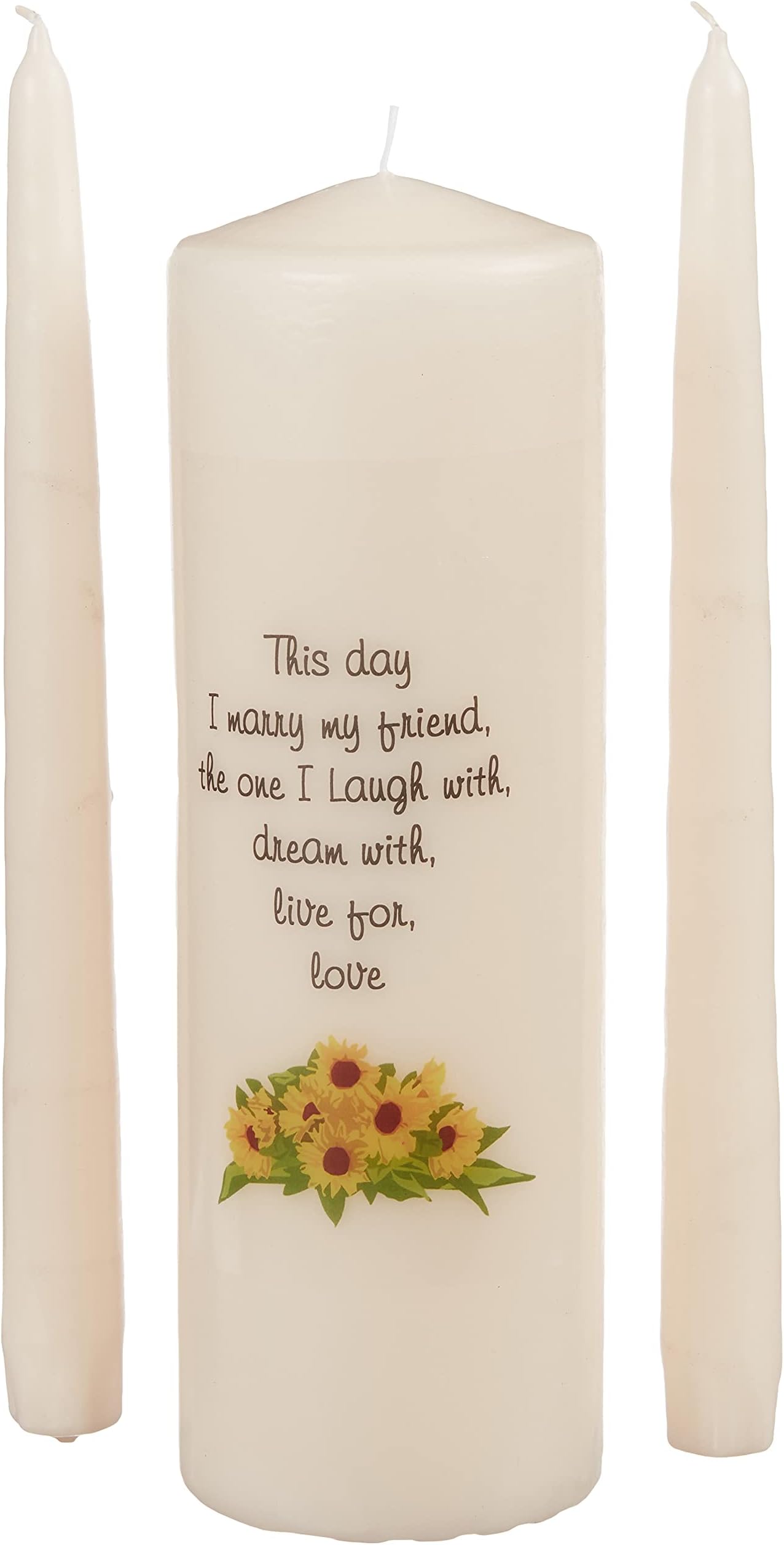 Celebration Candles Wedding Unity Candle Set, with 9-inch Pillar with Sunflower Motif and This Day I Marry my Friend Verse, with 10-inch Taper Candles, Ivory