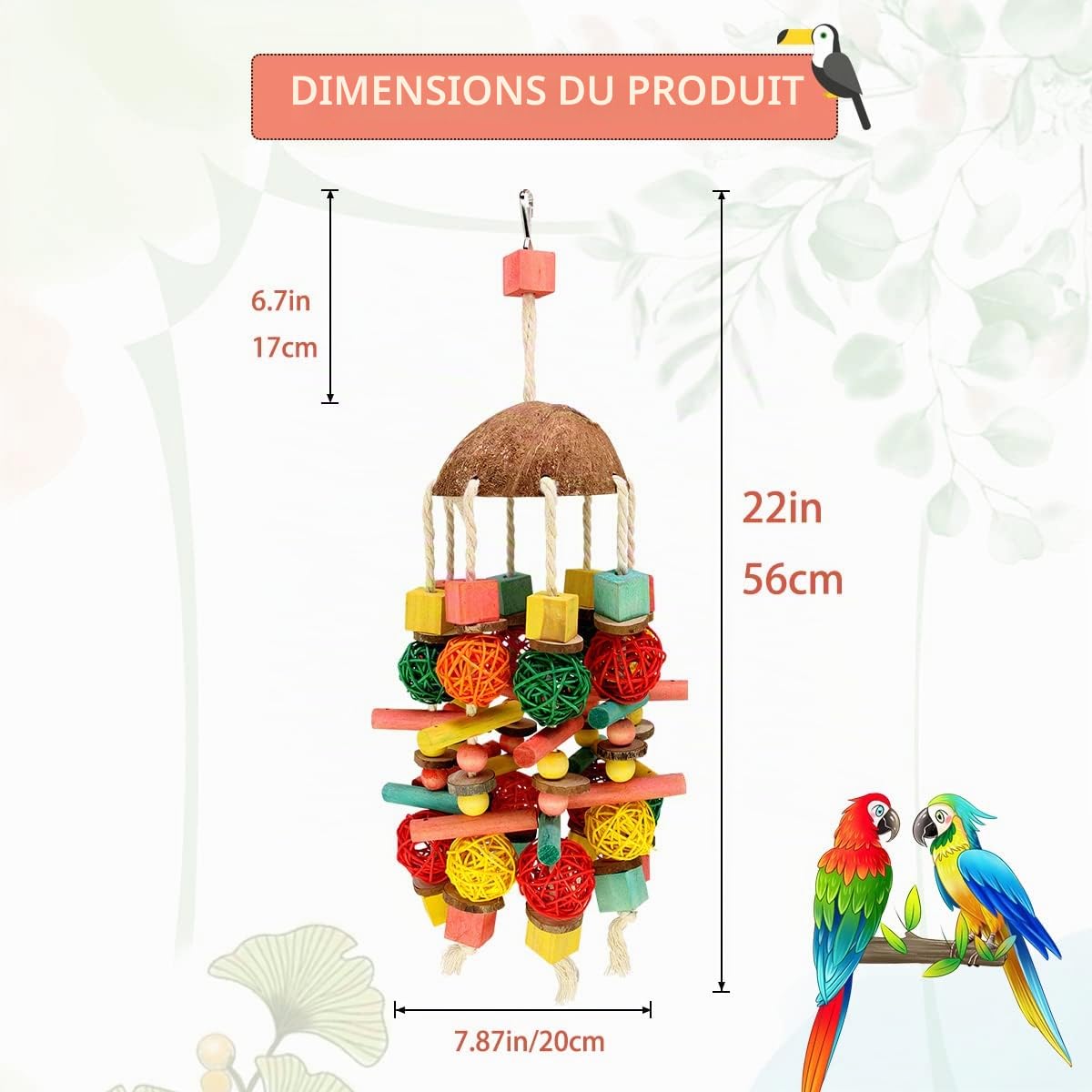 MQUPIN Jouet à mâcher pour perroquets pour Oiseaux,22 inch Grand Jouet pour Perroquet en Bois Naturel, Jouet à mâcher pour Oiseaux, Jouet à Mordre pour Grands perroquets, perroquets Gris d'Afrique