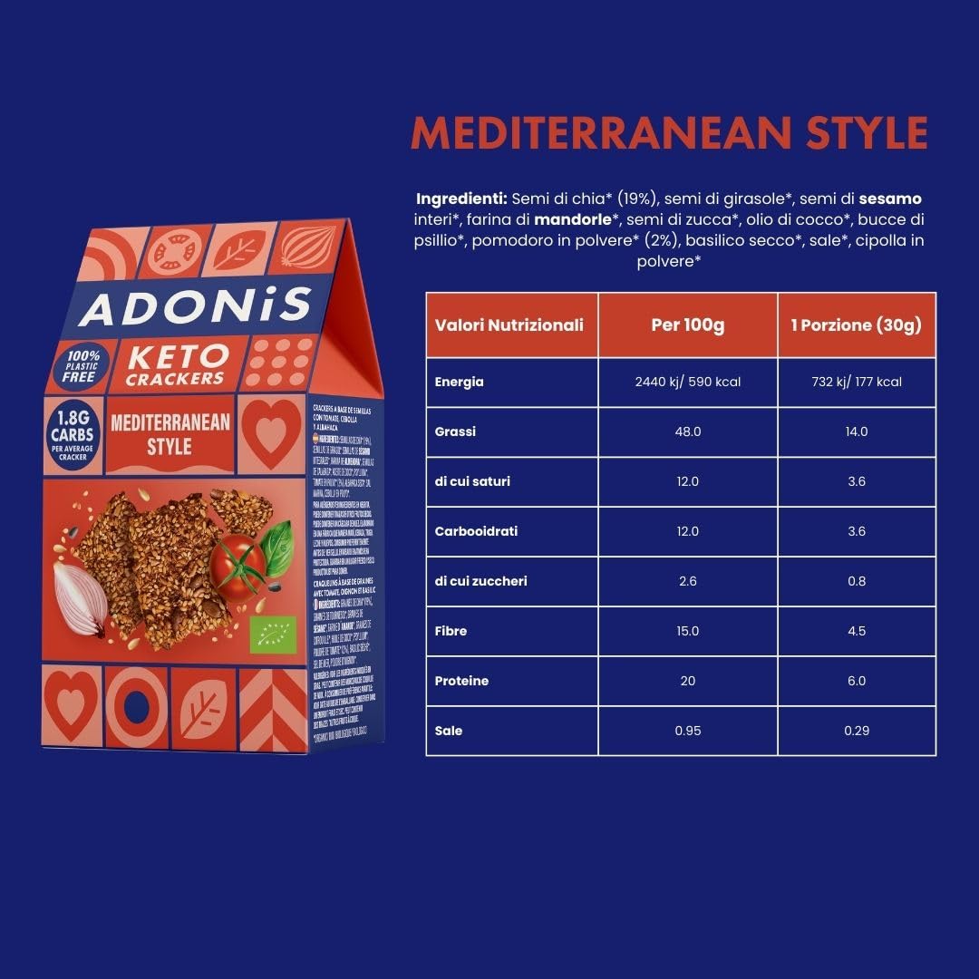Cracker Proteici Adonis Keto alle Olive e Semi di Chia (confezione da 10 x 60g) (confezione da 10 x 60g) |Vegano & Keto Friendly | 100% Naturale | Senza Glutine, Senza Zuccheri, Senza Olio di Palma,