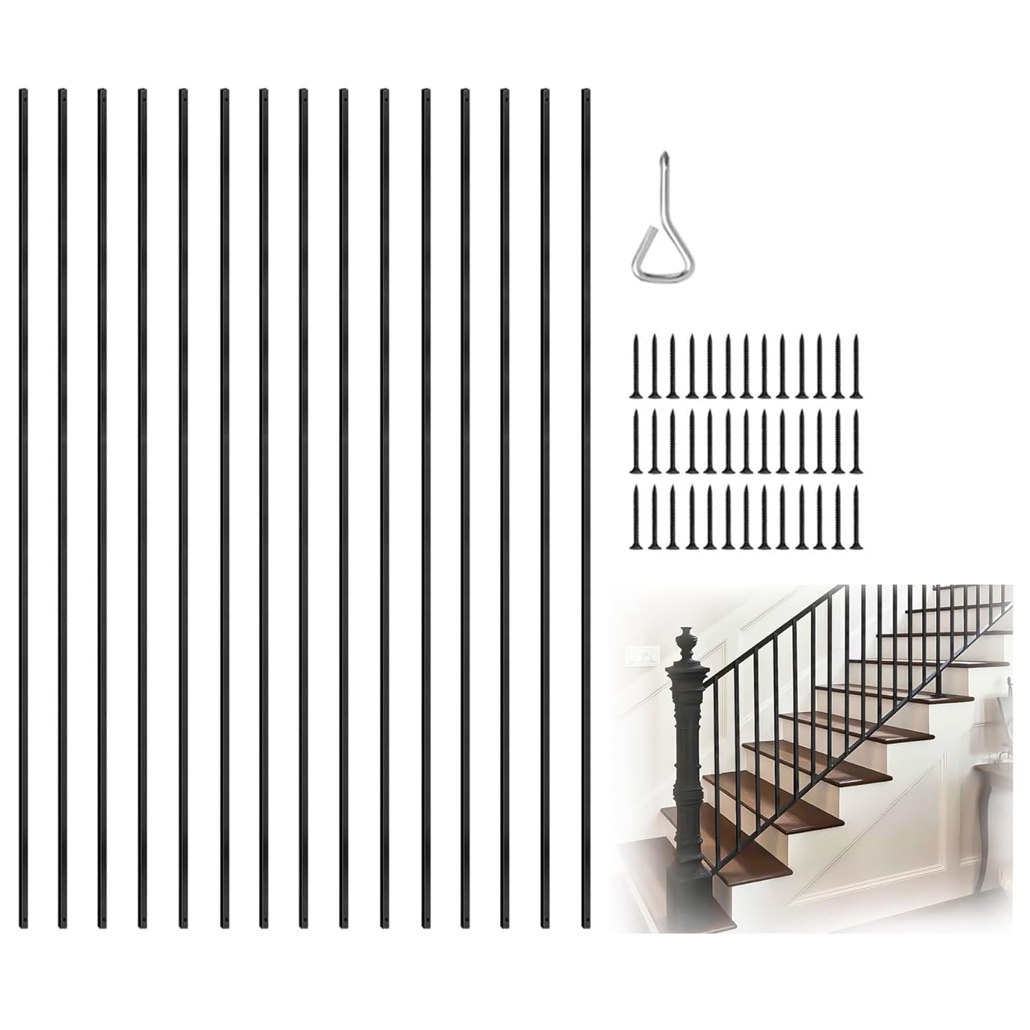 Wrought Iron Balusters – Hollow Plain Bar Balusters - Decorative Metal Balusters for Decks – Spiral Stair Railing - 1/2-inch Iron Spindles – Satin Black Metal Railing,15PACK, Style B