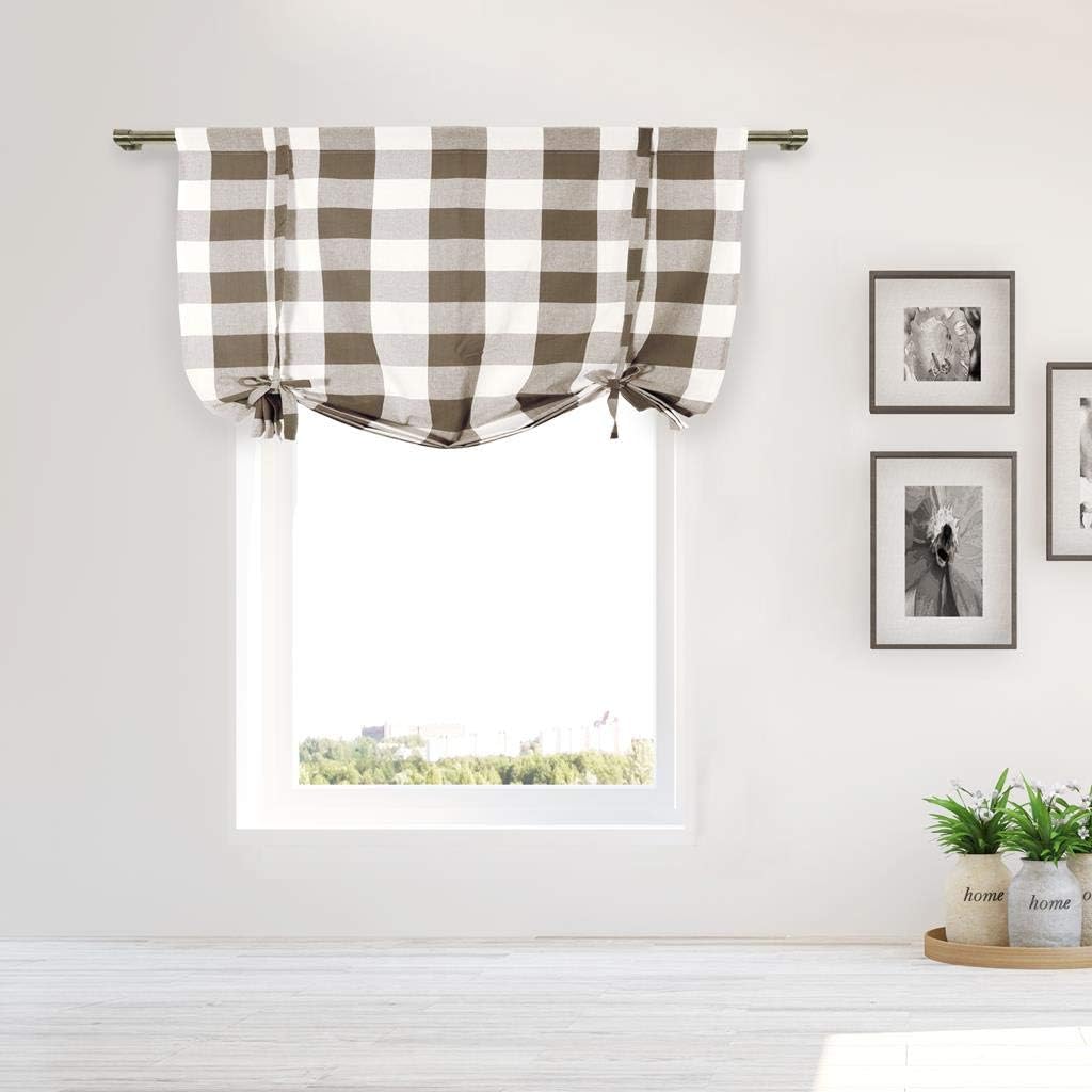 homemaison Kingston Plaid Gingham Checkered 100% Cotton Blend Kitchen Gray Silver Window Curtain Tie-Up Shade (42" W x 63" L), Gray