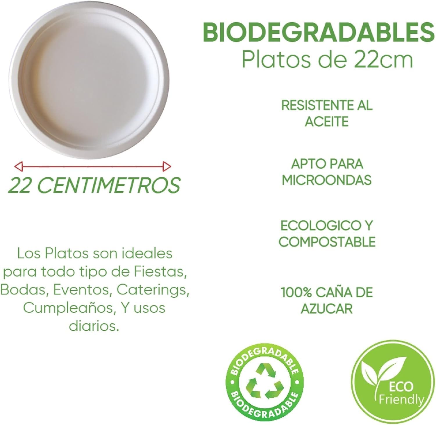 Platos Desechables de Caña de Azúcar Resistentes, 100% Biodegradables (100, 22cm.)