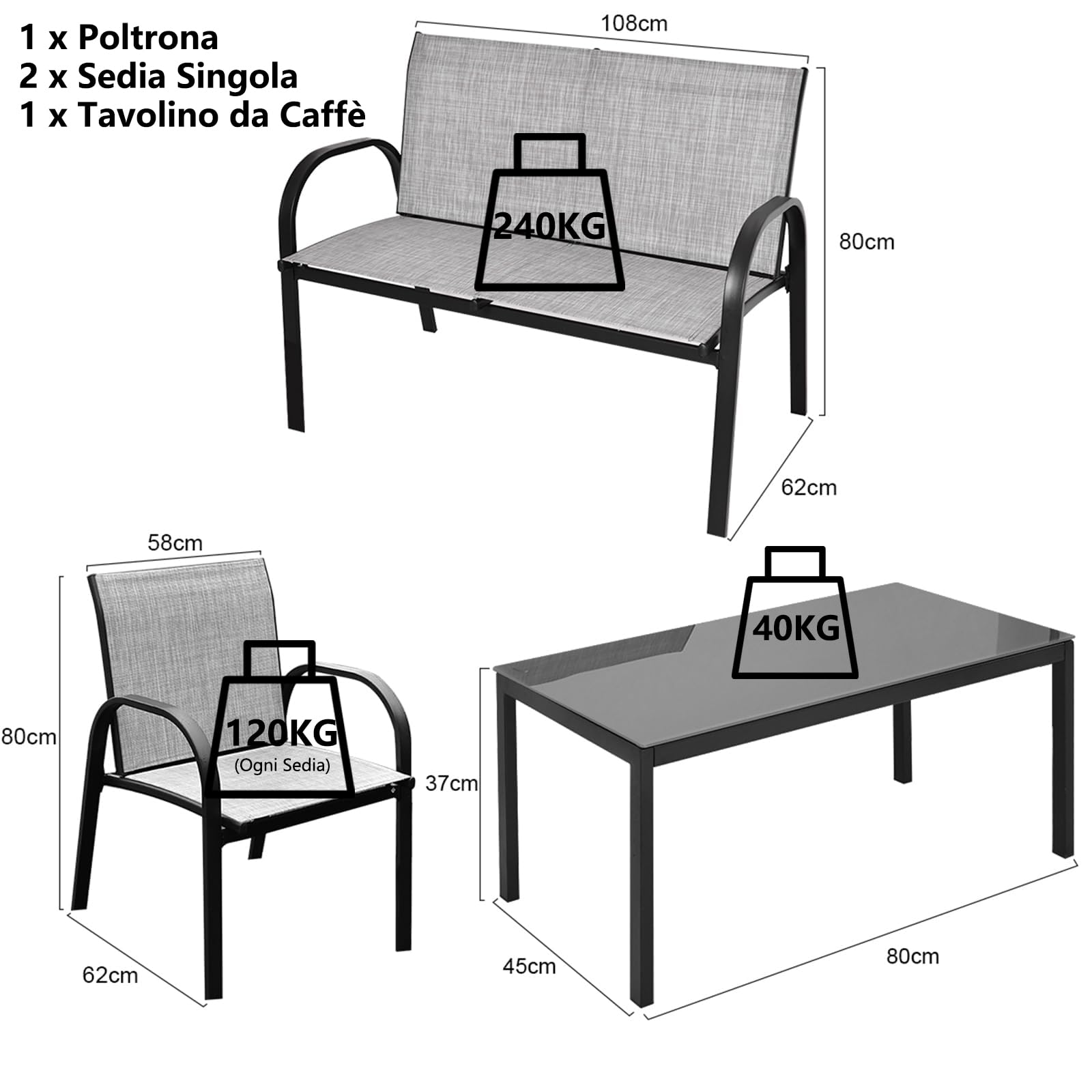 RELAX4LIFE Tavolo e Sedie da Esterno, Tavolino Salotto con Piano in Vetro, Telaio in Metallo, Panchina per Giardino in Tessuto Impermeabile e Anti-UV, Traspirante, Set di 4 Mobili per Esterno (Grigio)