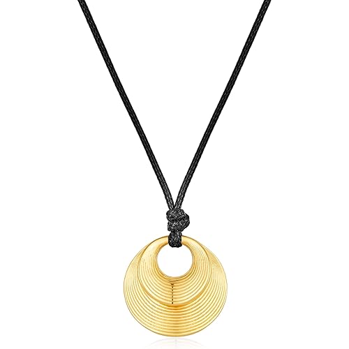 YUJIE Geometric Necklace for Women Gold Plated Chunky Textured Pendant Adjustable Black Leather Cord Modern Statement Jewelry