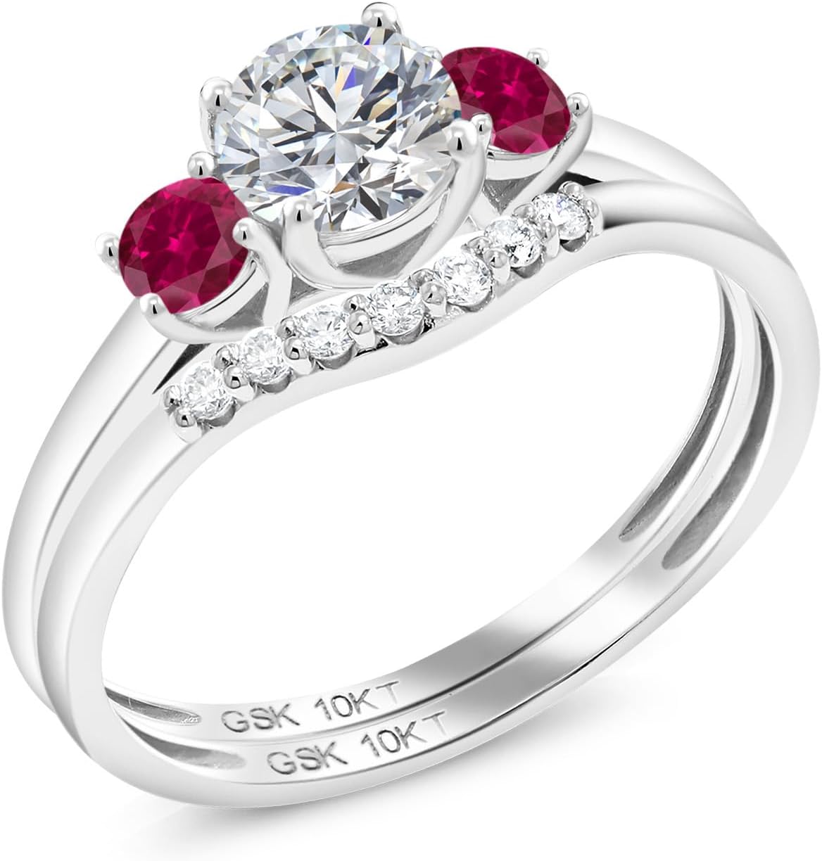 Gem Stone King 10K White Gold Lab Grown Diamond and Red Created Ruby Bridal-Sets Ring For Women | 0.84 Cttw | Round 5MM | Wedding Engagement Anniversary Promise Ring For Women