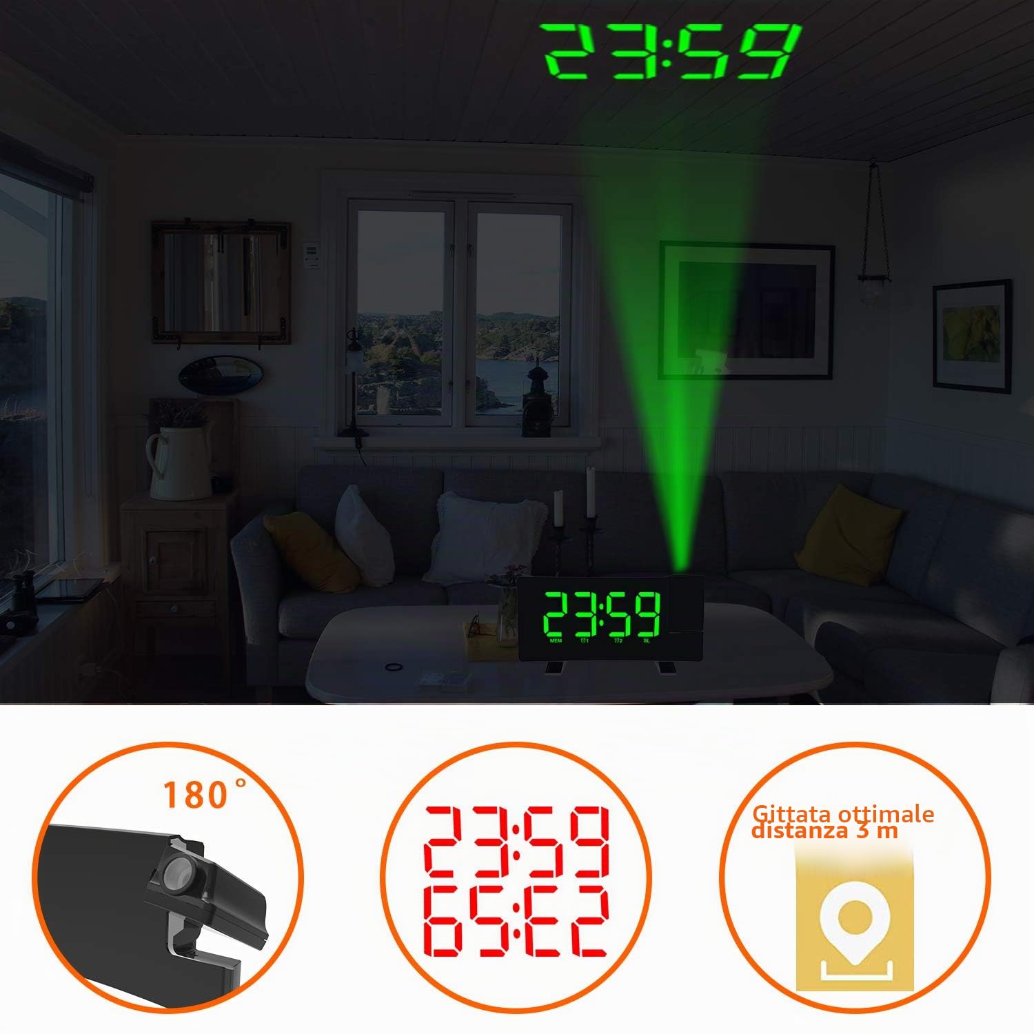 Sveglia con Proiettore Radiosveglia Sveglia Digitale da Comodino, Multifunzionale con Fm Radio 12/24H Display LED a 180°, 3 Livelli di Luminosità, 2 Allarmi e Uscita USB di Ricarica (Verde)