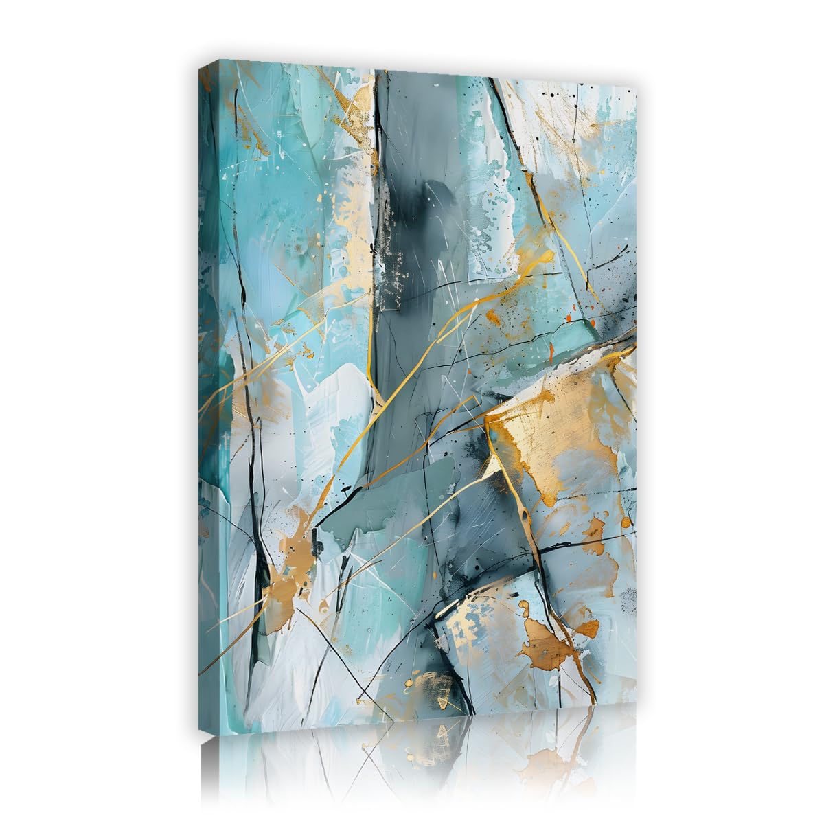TOANGWALL Teal Blue Grey Abstract Framed Painting Modern Gold Foil Textured Poster Contemporary Canvas Wall Art Large Pictures For Kitchen Corridor Decor 75x115cm