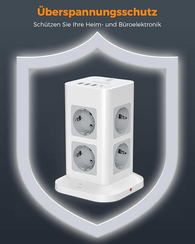 TESSAN 8 aljzatos elosztó USB-C és 4 USB porttal, túlfeszültségvédelem, 2m kábel, 3600W
