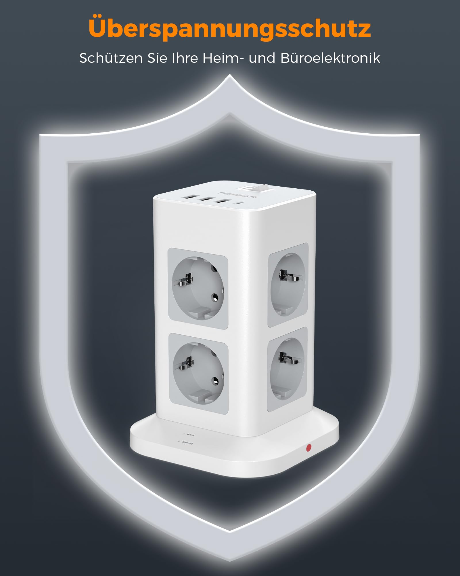 TESSAN 8 Fach Mehrfachsteckdose mit USB C, Verlängerungskabel 5M mit 4 USB und Steckdosenleiste Überspannungsschutz, 3600W Steckdosenturm mit Schalter, Steckdosenwürfel für Büro, Grau