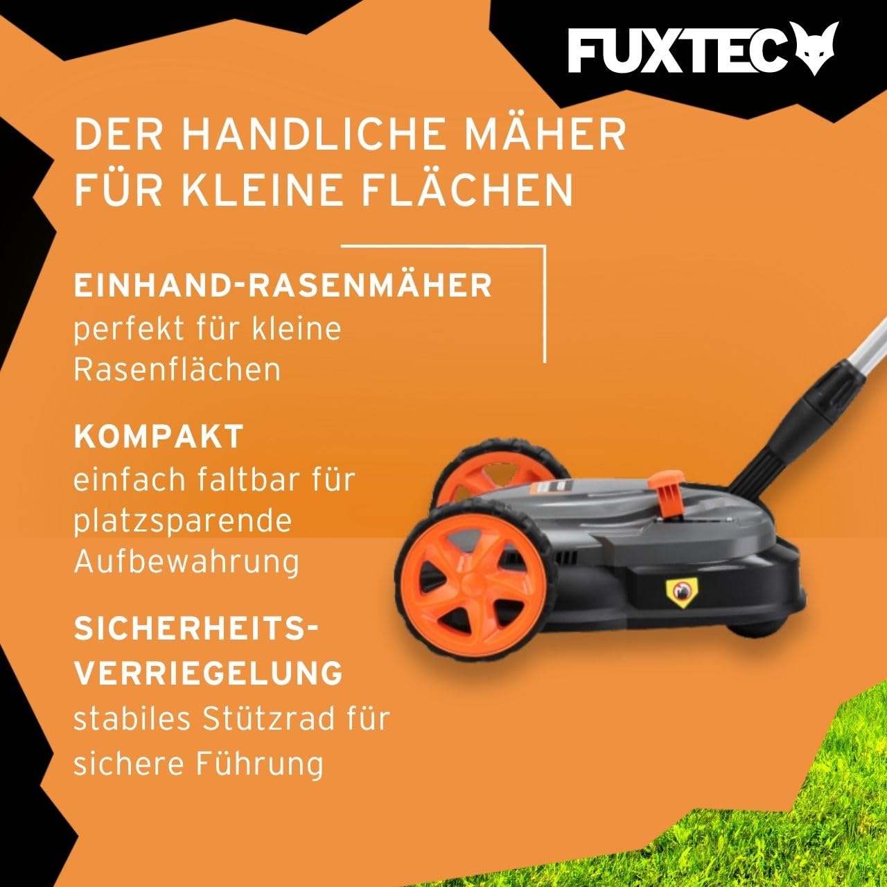 FUXTEC Akku Einhand-Rasenmäher FX-E1RMEH20-SET, kompakter Gartenmäher mit 220mm Schnittbreite, 20V Akku und Ladegerät, 300W, 3-fache Schnitthöheneinstellung 30–50mm, Flexible Kugelkopfsteuerung