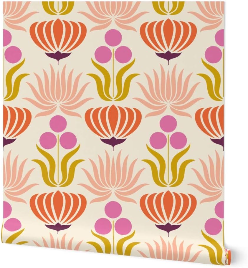 Peel & Stick Wallpaper 3ft x 2ft - Mod Art Nouveau Peach Flowers Floral Botanical Nature Art Deco Lotus Custom Removable Wallpaper by Spoonflower