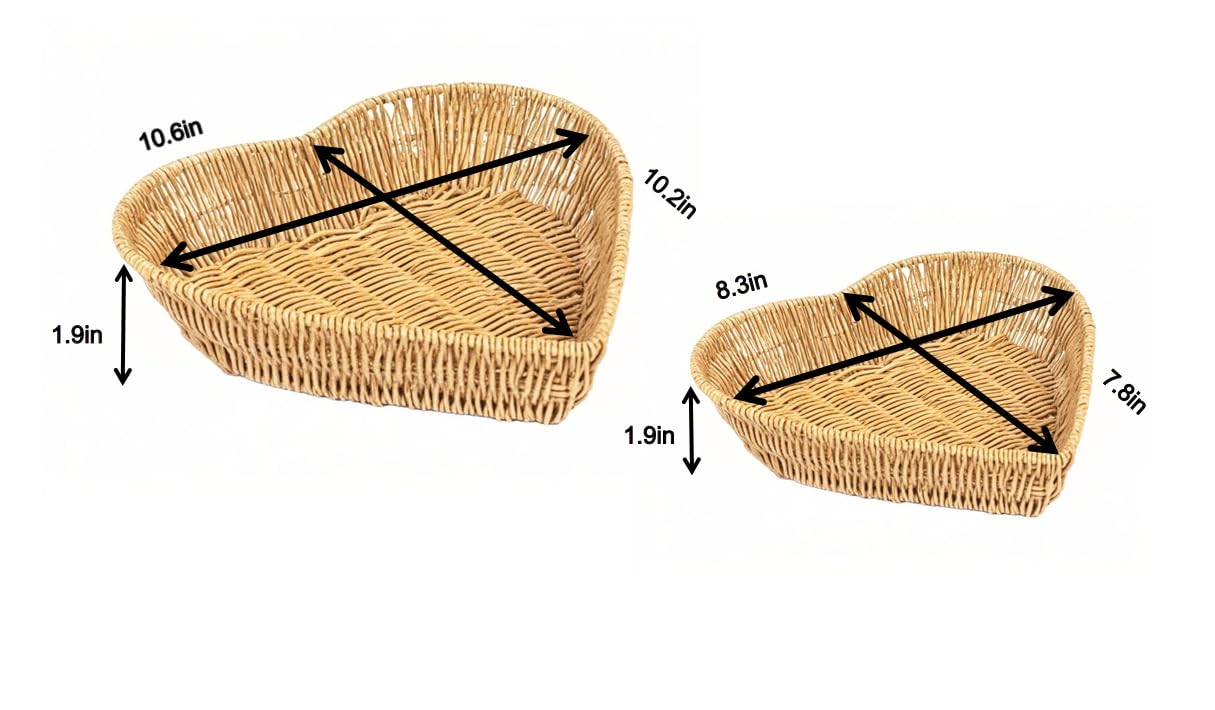 Heart shaped rattan service basket, woven bread and fruit bowl, dining table tray, one large and one small 2-piece set