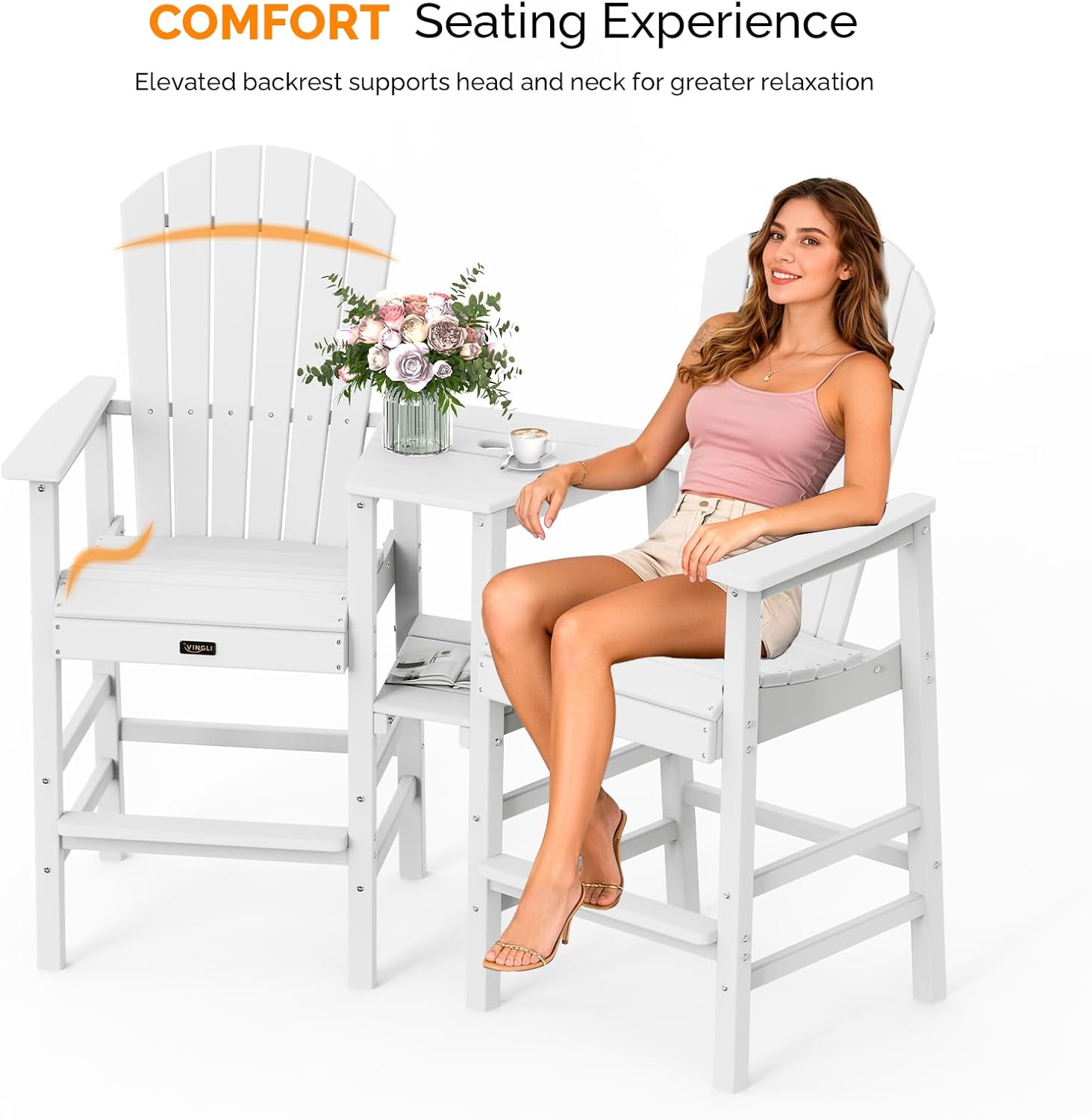 VINGLI Tall Adirondack Chairs Set of 2, All Weather HDPE Bar Height Adirondack Chair with Double Trays, Adirondack Barstools for Balcony, Poolside, Backyard and Patio (White)