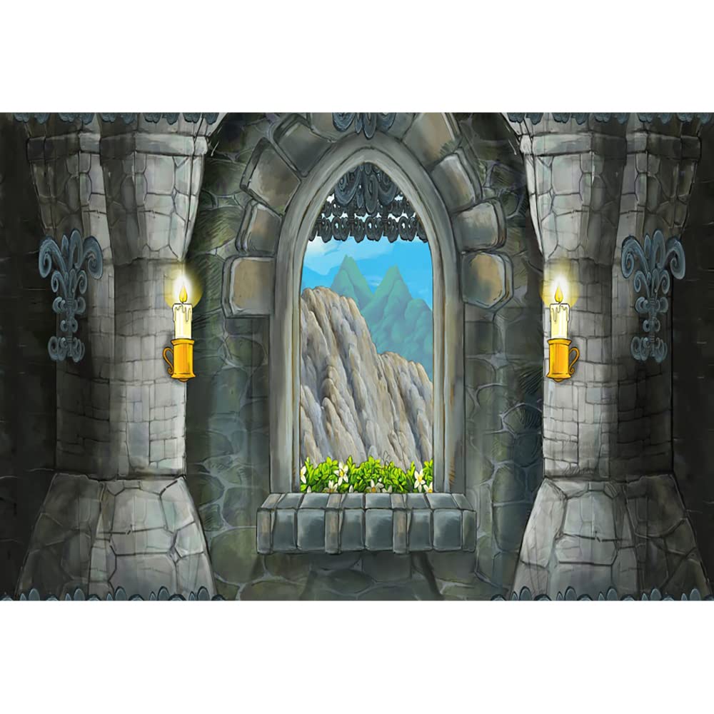 Aoihrraan 1,5x1m Fairytale Castle Arch Backdrop Retro Stone Pillar Candles Window Scenery Flowers Mountains Photography Background Girls Little Princess Birthday Kids Portrait Photo Studio Props