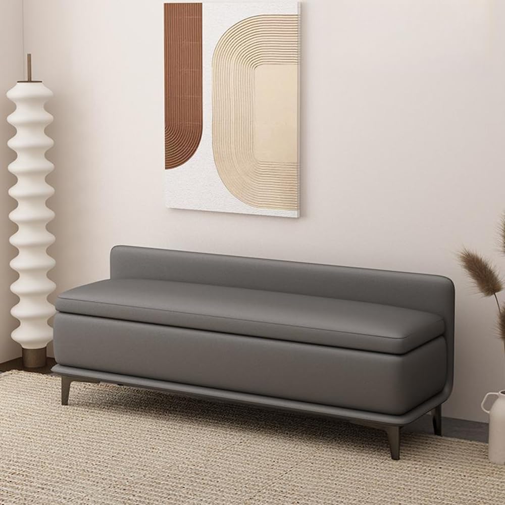 LITFAD Leather Rectangular Entryway Bench with Stockroom Storage, Padded Upholstery, Simplistic Style Indoor Living Room Bench Modern Shoe Changing Benchs, Dark Gray, 63" L x 16" W x 19.5" H