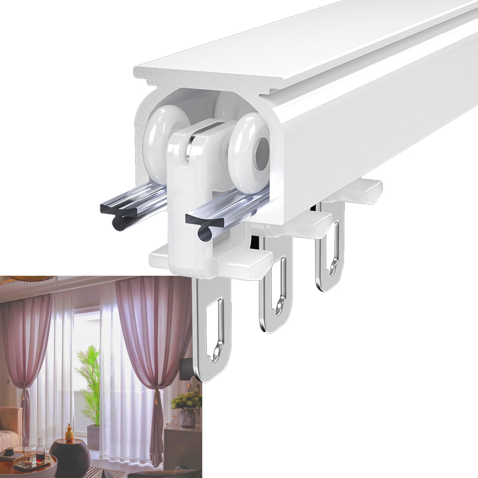 Wytrzymała aluminiowa szyna Curtk do montażu na suficie/ścianie do użytku wewnątrz / na zewnątrz z płynnym systemem przesuwnych kół pasowych łatwa instalacja, idealna do zasłon i zasłon