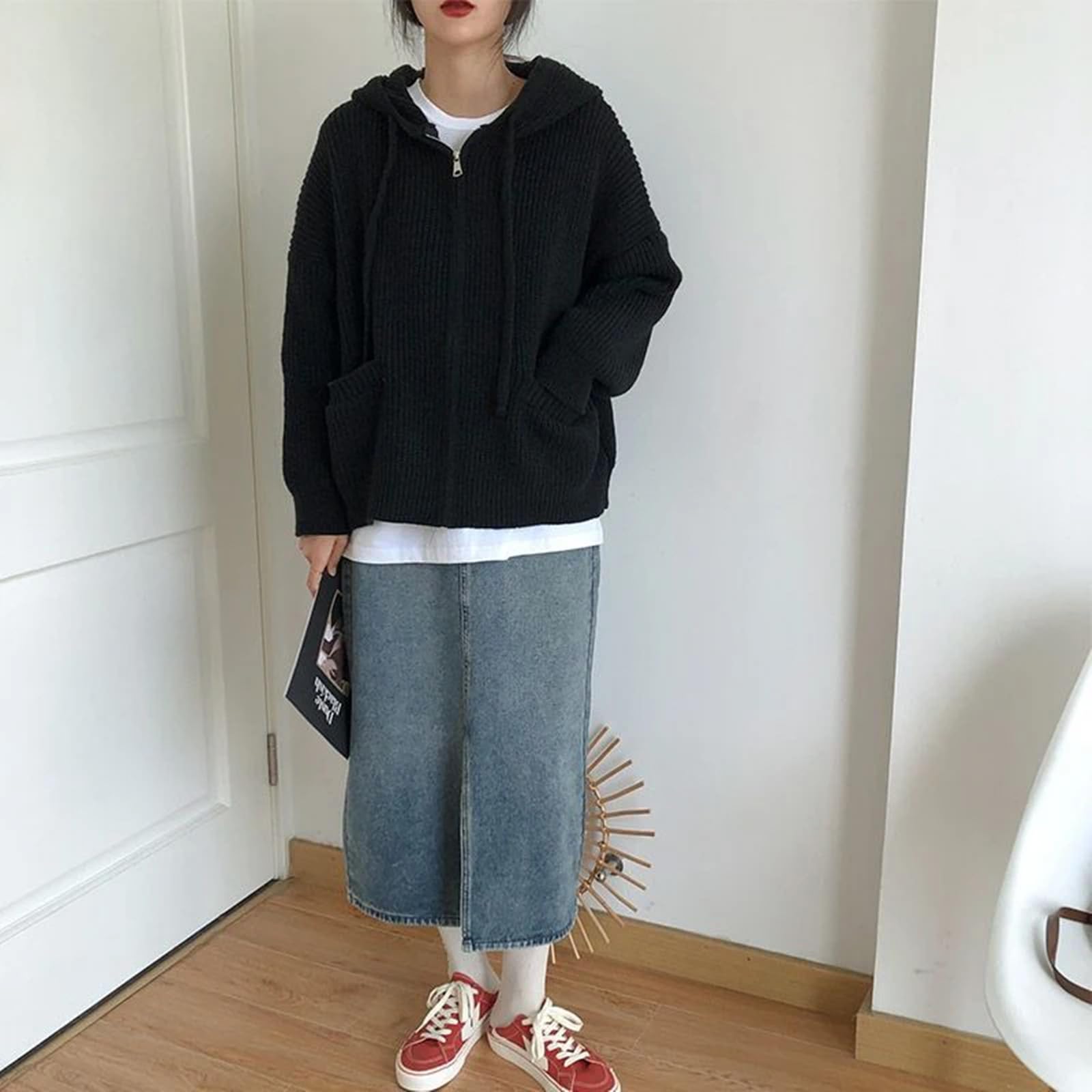 Sweter dla kobiet retro swetry z kapturem damski jednolity kolor dzianinowy sweter luźny swobodny kardigan płaszcz damski jesień zima